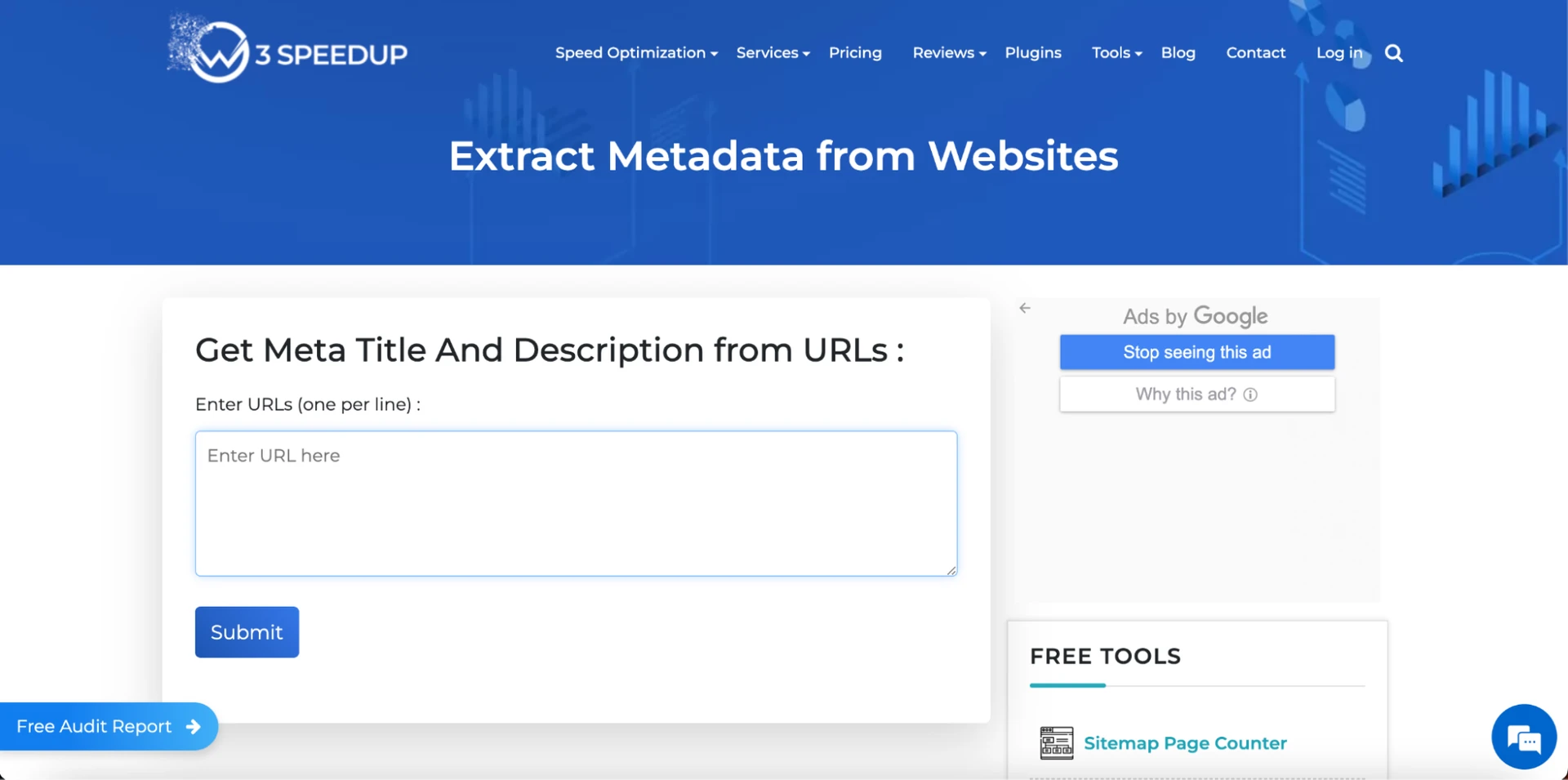 Extract the Meta Title and Meta Description with the W3 SpeedUp Meta Tag Extractor tool - Extract Metadata from Websites