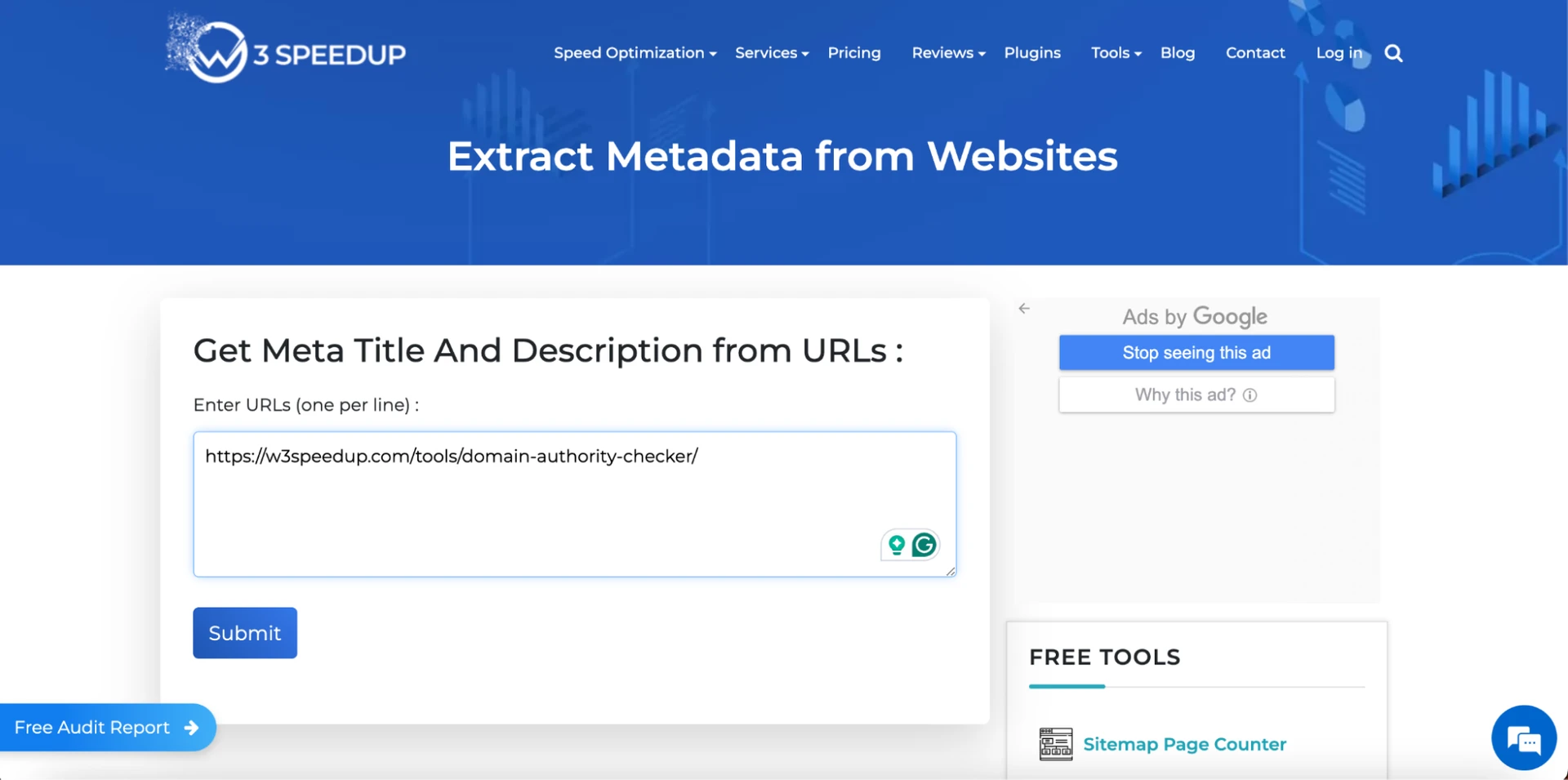 Extract the Meta Title and Meta Description with the W3 SpeedUp Meta Tag Extractor tool - Extract Metadata from Websites